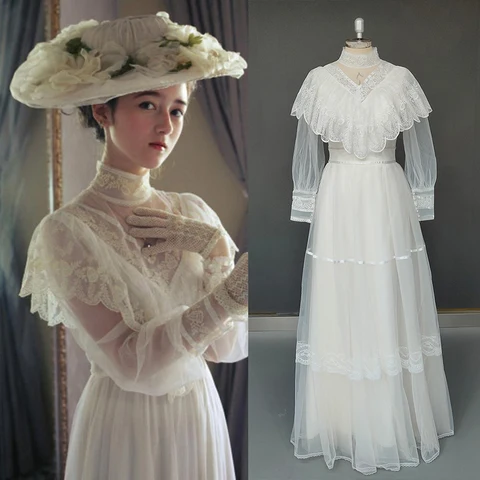 High Neck Tulle Wedding Dress Medieval Victorian Vintage Long Sleeve Lace Custom Made Floor Length Muslim Country Bridal Gown