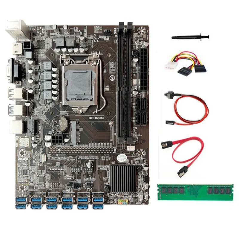 B250C BTC Mining Motherboard LGA1151 DDR4 8GB 2666Mhz RAM+4PIN To SATA Cable 12XPCIE To USB3.0 Graphics Card Slot
