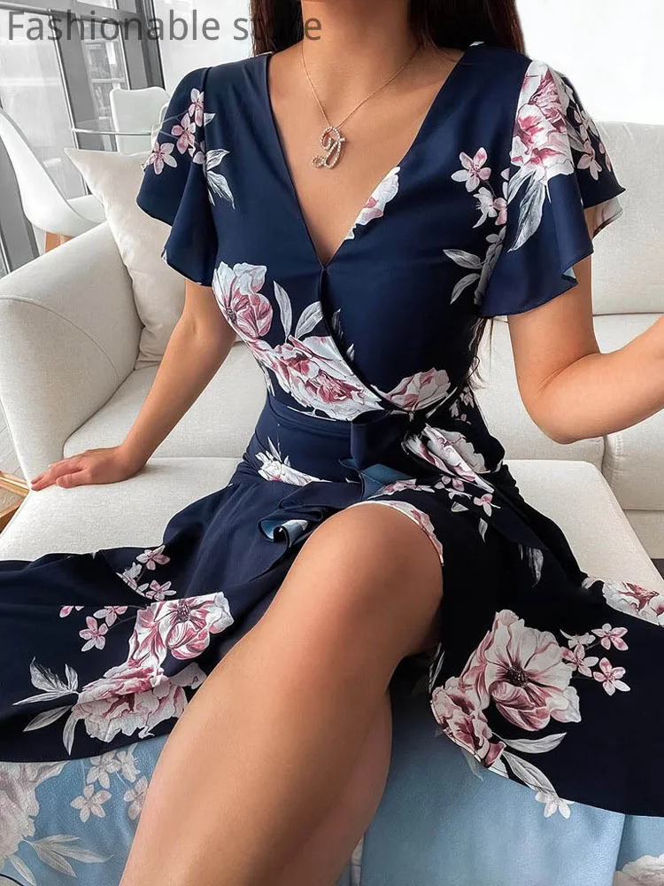 

Women Floral Print V-Neck Tied Waist Asymmetrical Casual Midi Dress