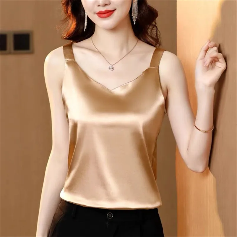 

Women Satin Ice Silk Tank Top Sleeveless V Neck Vest Top Camisole Feminino Sleepwear Camis Solid Summer Vests Black White Khaki