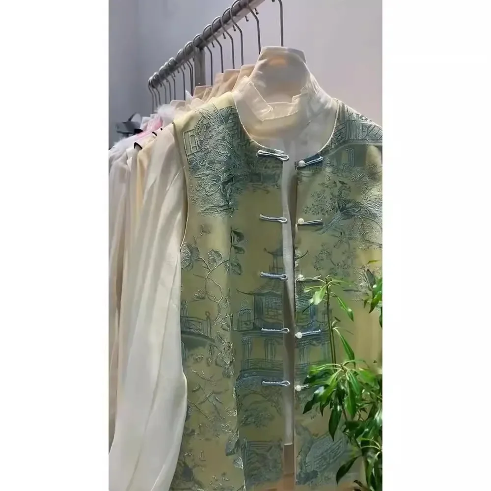 Elegant Chinese Style Green Vest 2024 New Design Printed Jacket Women's Crew Neck Seamless Silk Material Fashionable Independenc