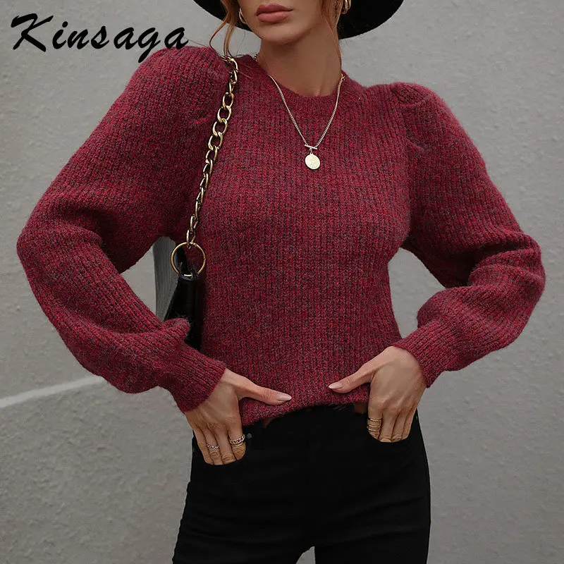 

Fall Winter Thick Puff Sleeve Sweaters Women Casual Loose O-neck Knit Jumper 2022 Female Elegant Fashion Green Warm Pullover Top