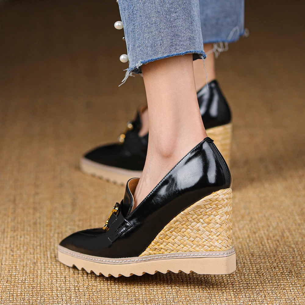 2022 New Fashion Women Leather Slip On Pumps Ladies Pointed Toe Patform Shoes Girls Wedges Shoes High Heel Loafers Black Green