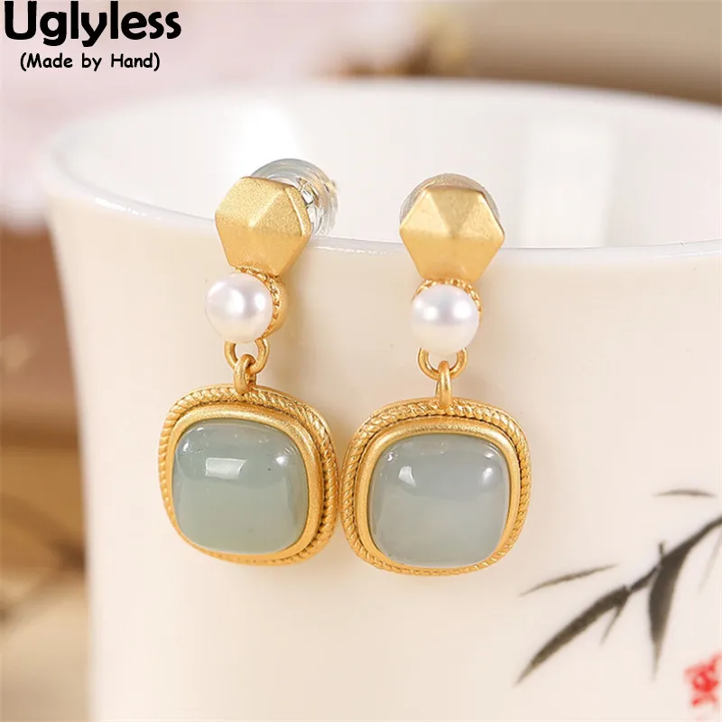 

Uglyless Square Jadeite Earrings for Women High End Gemstones Dress Jewelry Natural Pearls Brincos Bijoux Gold 925 Silver Studs