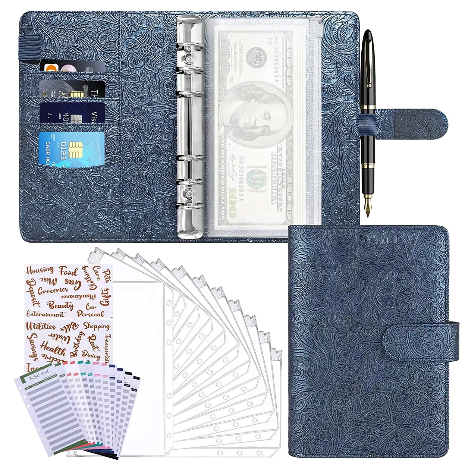 

A6 Budget Binder Money Saving Cash Envelope Planner with 8 Binder Zipper Pockets,12 Expense Budget Sheets and 2 Label Stickers