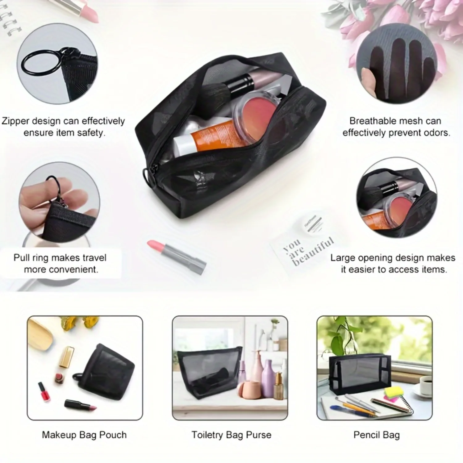 Набор из 3 нейлоновых сетчатых косметичек — легкий портативный косметический