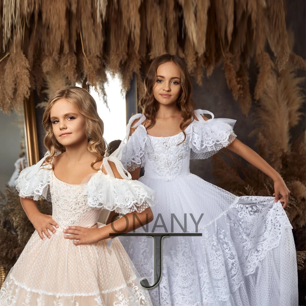 

JONANY Sweet Flower Girl Dress Personalised Lace A-Line Boat Collar Corset Ball Gown Little Girl Princess Roupas De Florista