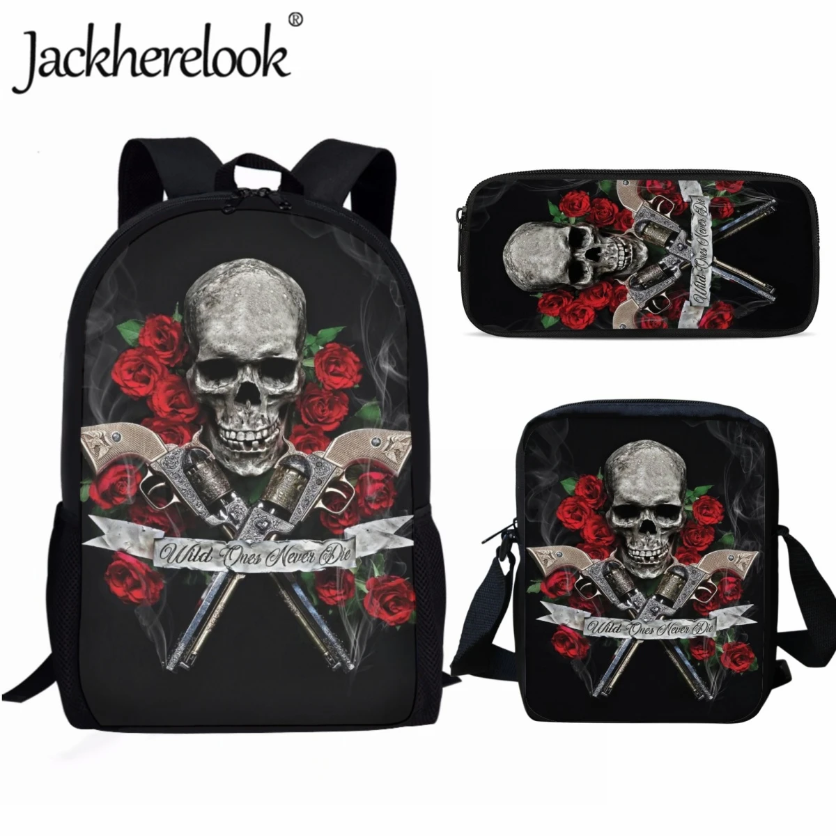 Jackherelook Gothic Skull Rose Fashion School Bags for Teenagers Casual Backpack Boys Girls Book Bags 3pcs Student Travel Bags