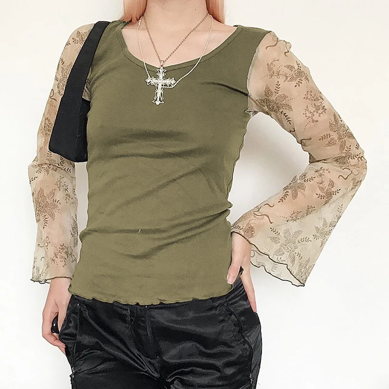

Y2K Aesthetics Vintage Grunge T-shirt Retro Printed Mesh Sleeve Crop Top Women Korean Harajuku Autumn Basic Tees Streetwear