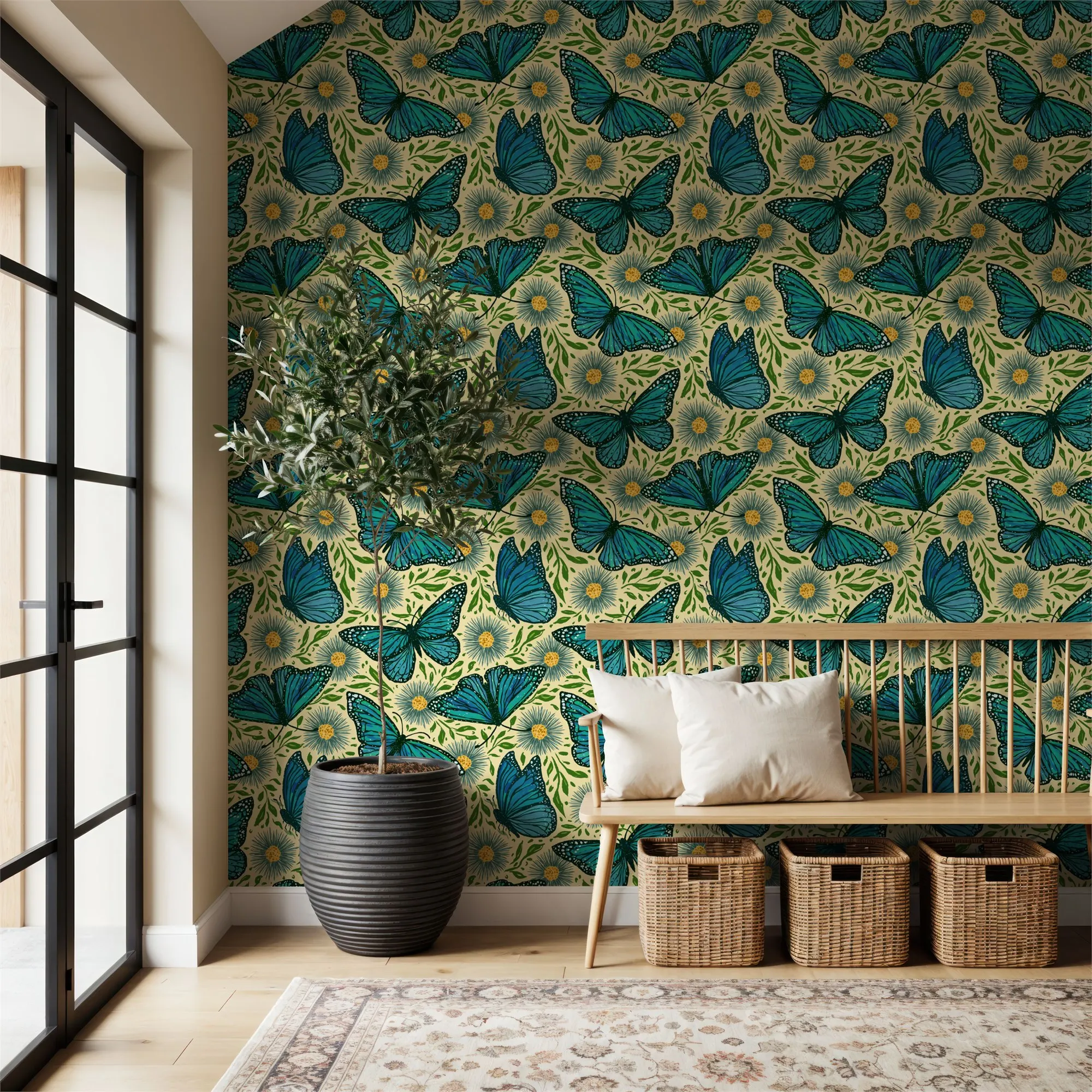 Фото Индивидуальные обои Papillion II Aqua на кремовой основе для стен, изготовленные на заказ, крупное настенное панно. №1