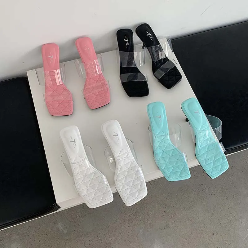 

PVC Women Sandals Slippers Black White Pink Blue Summer Thin High Heels Outside Slides Slippers Pumps Party Pumps Shoes Woman