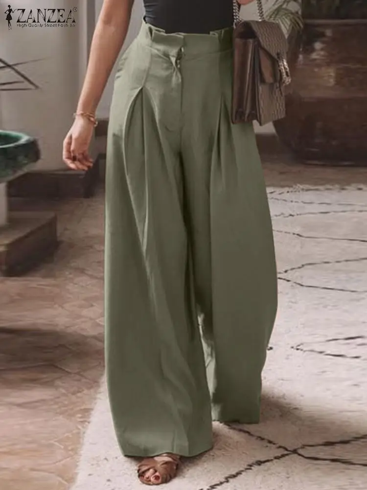 

ZANZEA Fashion Spring Elegant High Waist Solid Loose Pants Oversize Women Wide Leg Trousers Casual Palazzo Pleated Long Pantalon