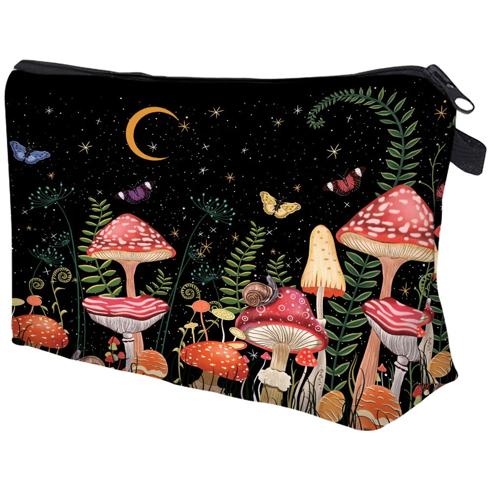 

Mushroom Print Bags Make Makeup Purse Zipper Travel Pouches Flowers Women