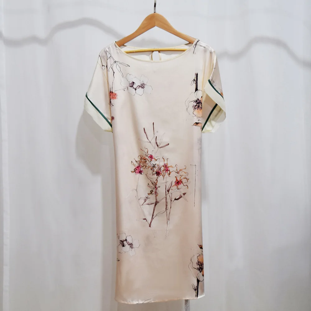 Heavy Silk Short Sleeved Nightdress Summer Mulberry Silk Pajamas Women's Loose Printed Dress Silk Home Clothes Women Nightgown