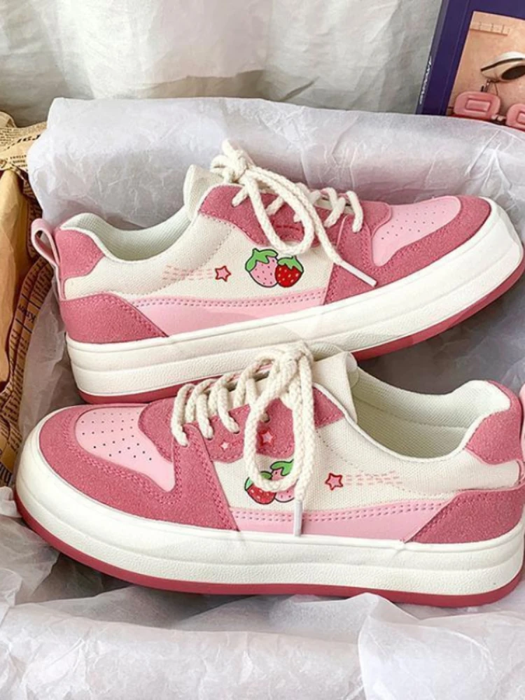 Lolita Platform Pink Korean Kawaii Strawberry Women's Sports Shoes Sneakers Casual Canvas Vulcanize Fashion Vintage Flat Basket