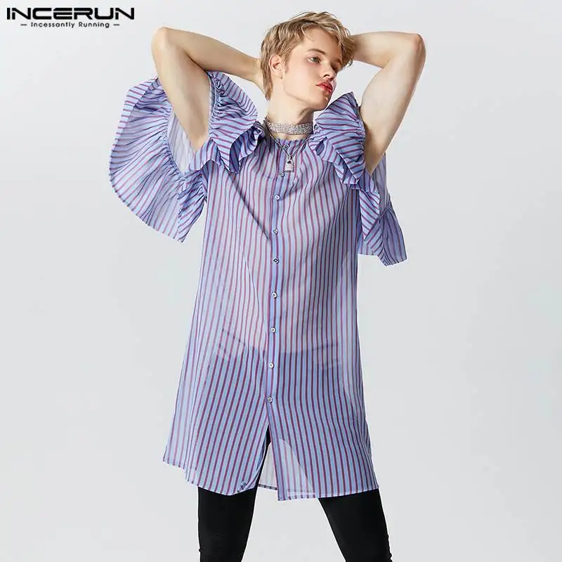 

2023 Men Shirt Striped Ruffle V Neck 3/4 Sleeve Streetwear Long Style Shirts Men Translucent Loose Fashion Camisas S-5XL INCERUN