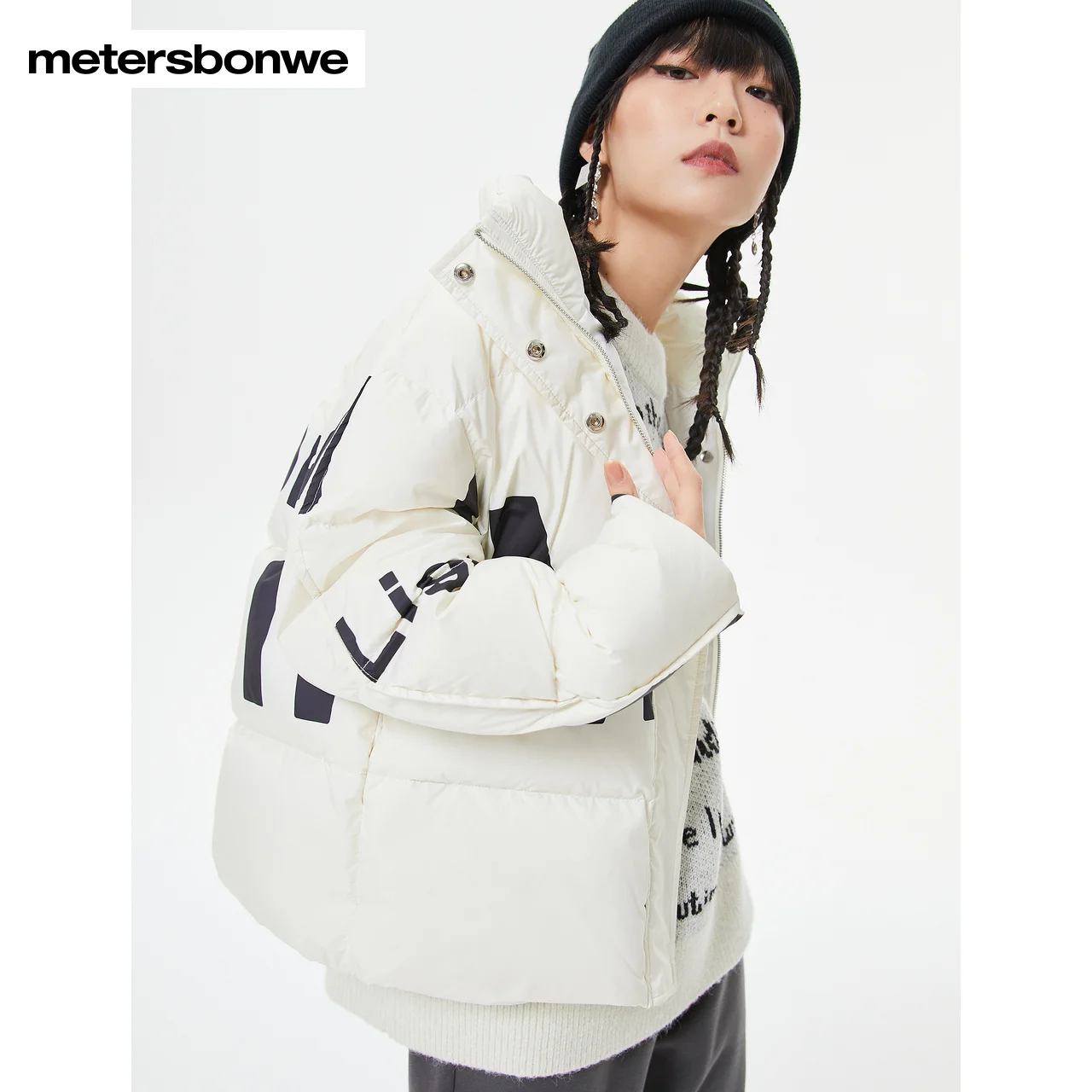 Metersbonwe Women Camouflage Color Down Wear Loose 80%Duck Down Letter Printing Female Warm Wear Stand Collar Winter Down Coats