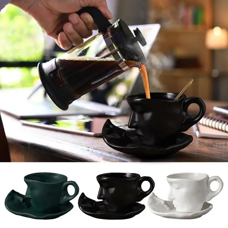 

Mug And Saucer Set 250ml Heatproof Ceramic Human Face Mug Creative Abstract Art Face Kiss Ceramic Mug With Spoon For Table Decor