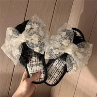 plush wool slippers female 2021 autumn winter fashion sweet lovely indoor home anti slip cotton slippers bow slippers slides