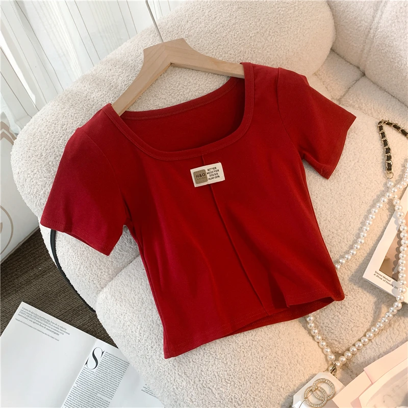 

Женская футболка с коротким рукавом и квадратным вырезом, простая однотонная короткая мини-футболка в уличном стиле, лето