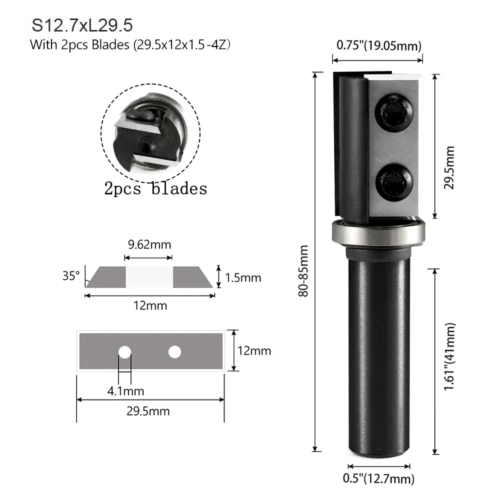 

Фрезы для обрезки заподлицо, 8 мм, 12 мм, 1/2 дюйма, твердосплавные фрезы для обрезки заподлицо со сменными ножками H 30 мм или 50 мм для дерева