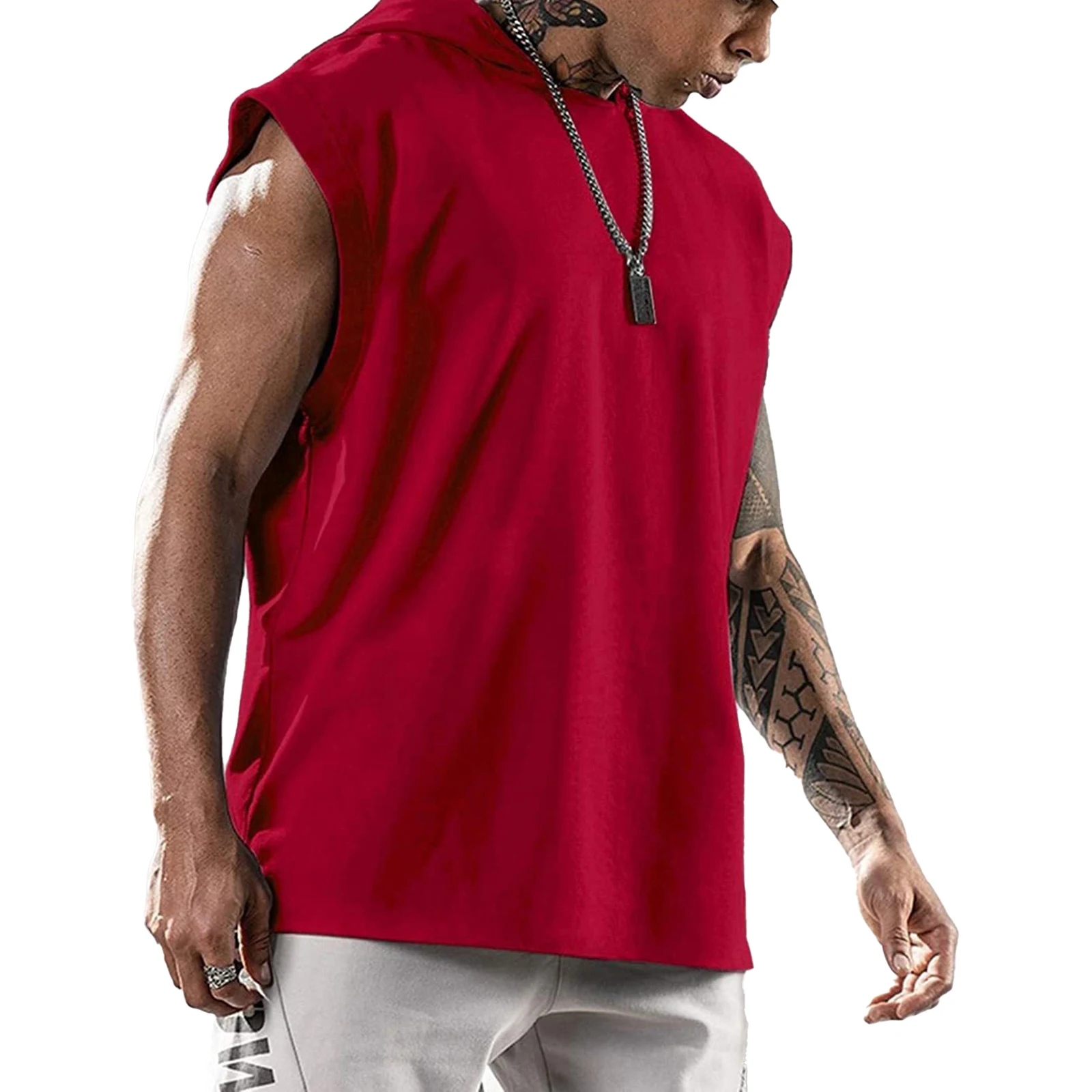 Summer Mens Sleeveless Hooded Tank Top Male Soild Athletic Loose T-shirt for Gym Muscle Bodybuilding Workout Sports Running