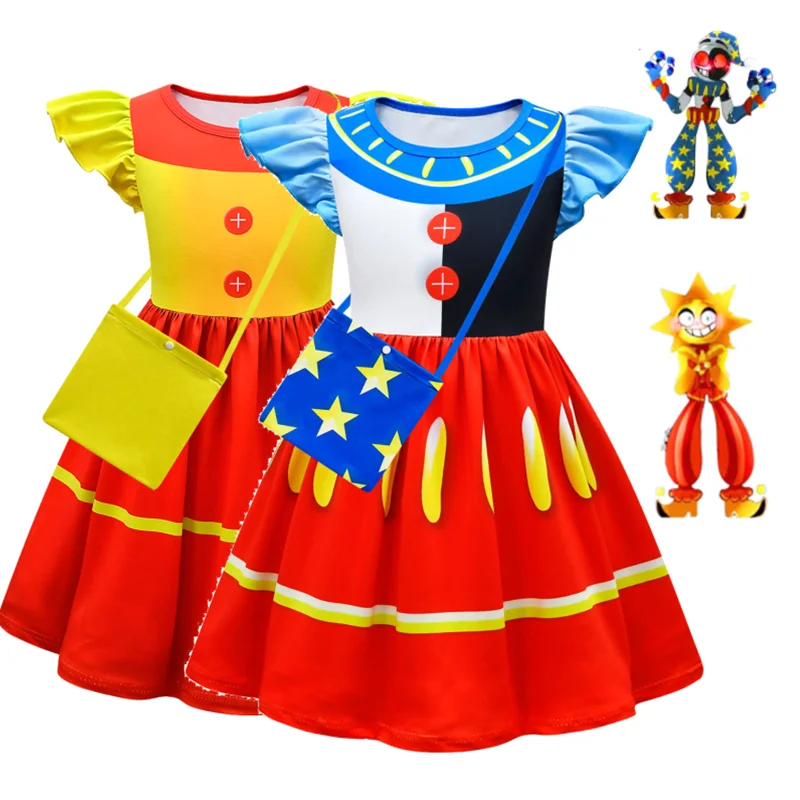 

Kids Halloween Dress Anime Sundrop FNAFED Sun Clown Freddie Cosplay Clothing Girls Skirt+Bag Carnival Party Princess Dress