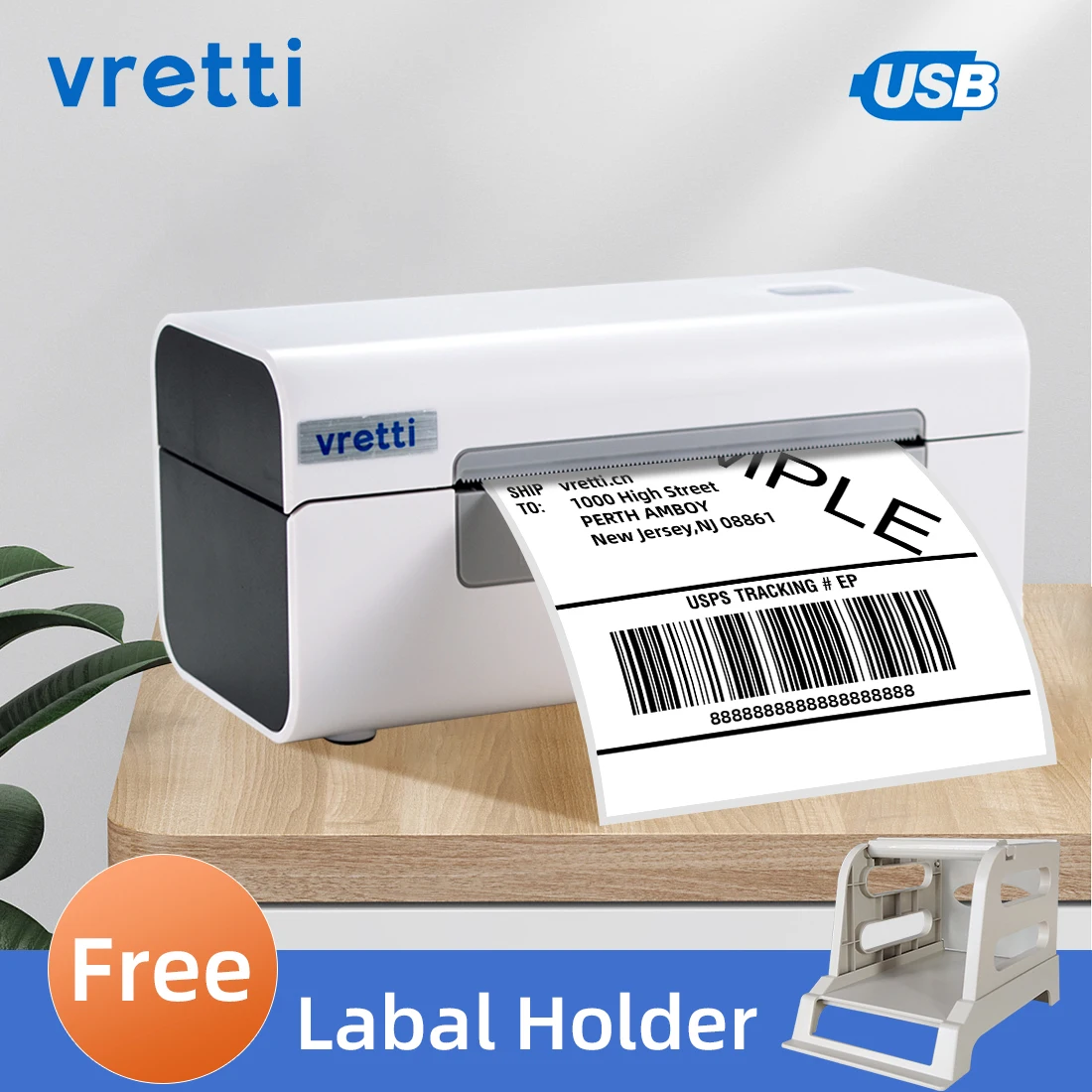 

Vretti USB Label Thermal Printer With Free White Label Holder Desktop High Speed 4Inch Shipping Barcode Stickers Printer.