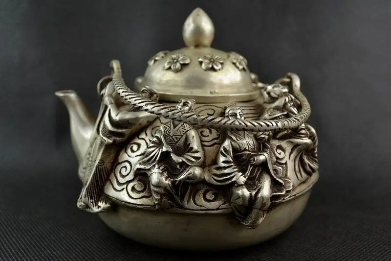 

Collectible Decorate Handwork White copper Carving Famous 8 Immortal Tea Pot