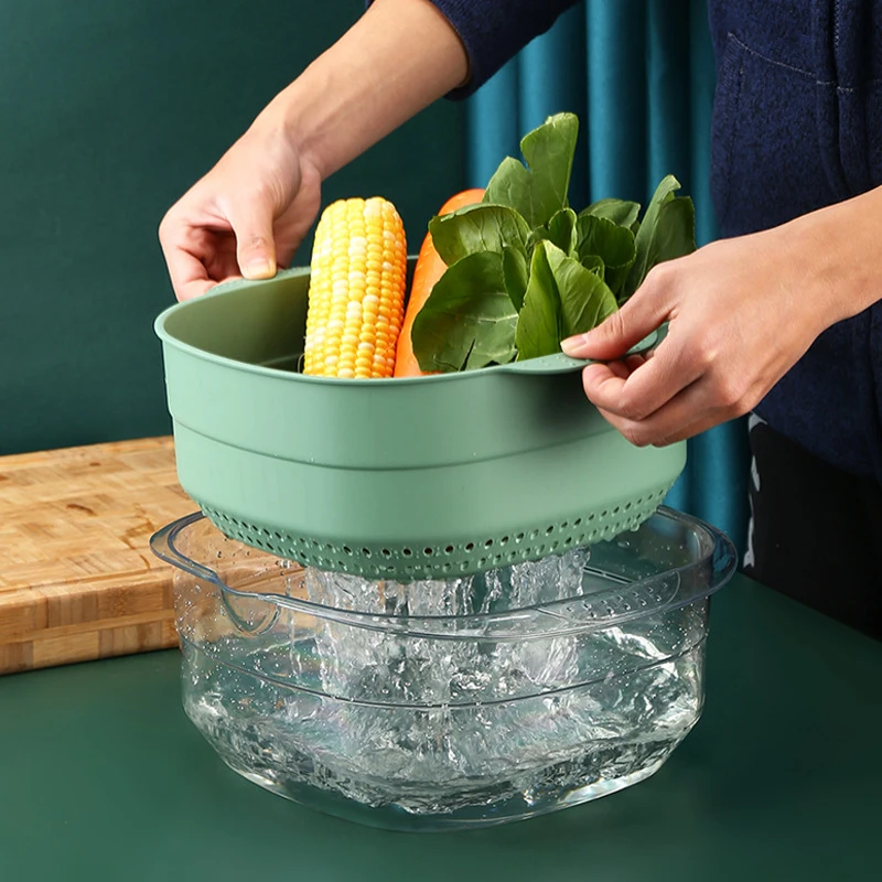 

Draining Basket Transparent Double-layer Plastic Material Washing Fruit And Vegetable Kitchen Supplies Thick And Durable