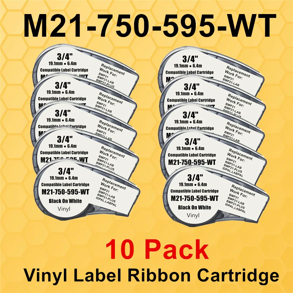 10PK Replacement Labels Ribbon Cartridge M21-750-595-WT Maker Stick Film  Label Printers Black on White 19.1mm * 6.4m