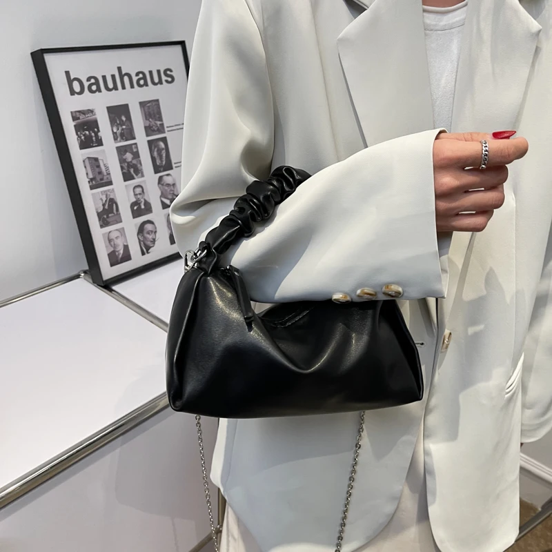 Small PU Leather Crossbody Sling Bag with pleats Handle 2023 Summer Trendy Women's Designer Handbag Tote Luxury Shoulder Bags