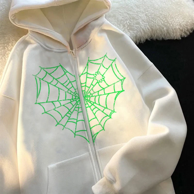 spider web print jacket y2k loose new retro long sleeve fleece zip hoodie halloween sports fashion couple |