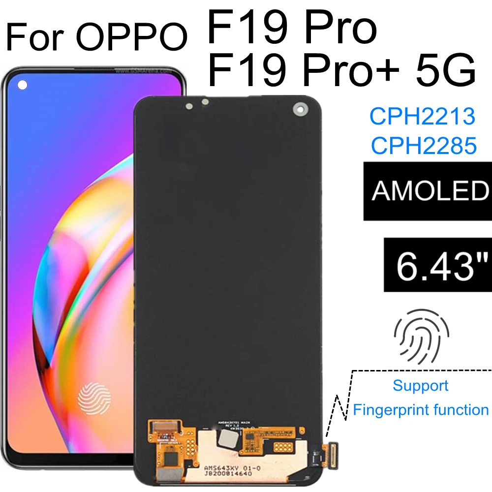 6,43 AMOLED для OPPO F19 Pro + 5G, CPH2213, в сборе, сенсорная панель, цифровой преобразователь, стекло