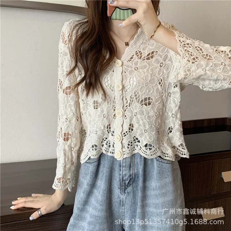 Элегантный вязаный топ с полыми крючками во французском стиле женский свободный