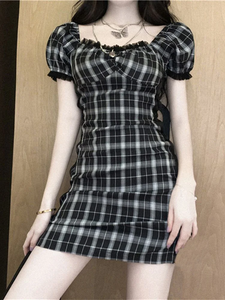 

Женское клетчатое мини-платье Harajuku Goth Y2k, сказочный сарафан в стиле гранж для девочек, готическое милое платье в стиле K-POP, одежда в стиле пан...