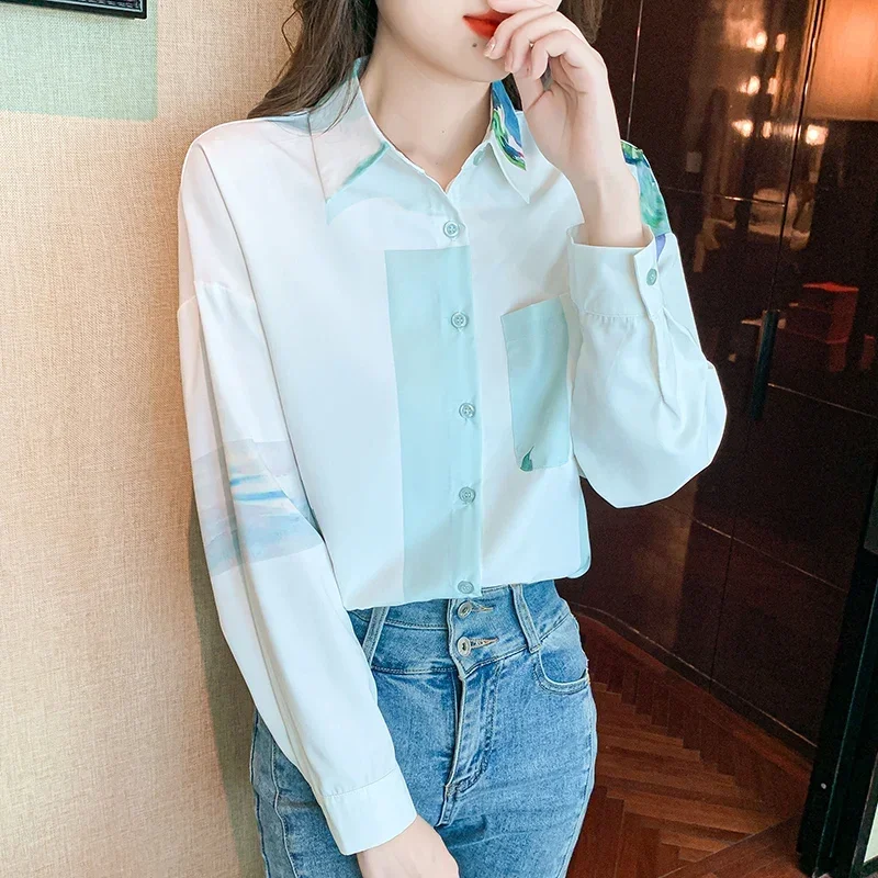 Женская шифоновая блузка с длинным рукавом Свободный Топ отложным воротником и