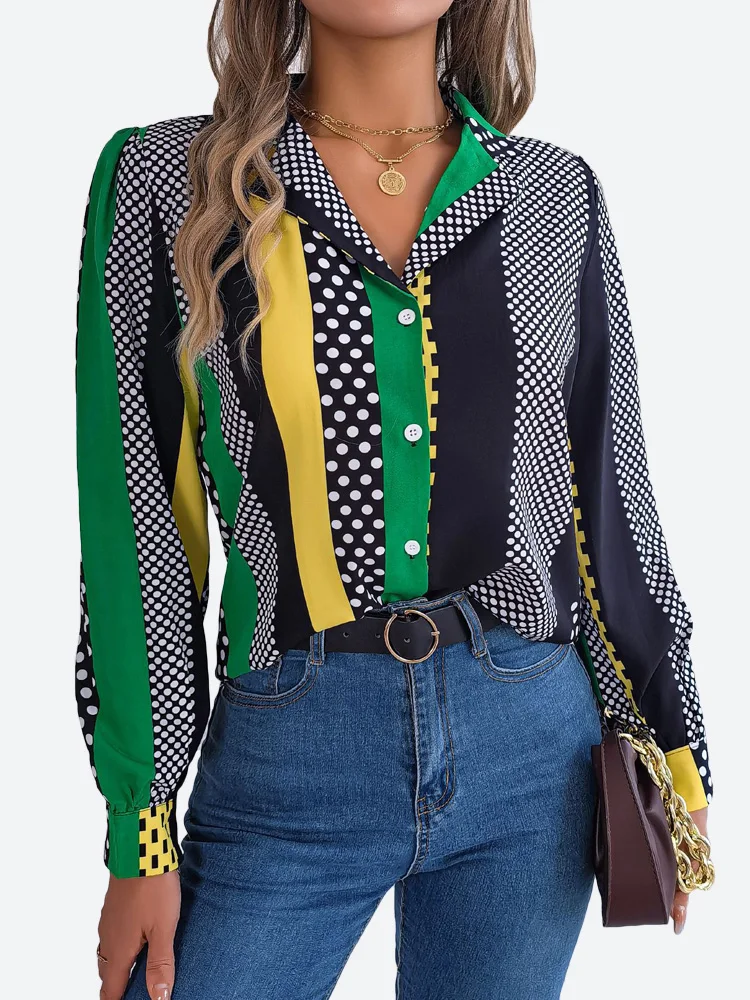 

Benuynffy Women Polka Dot Color Block Button Up Shirts Blouses 2023 Spring Fall Notched Neck Long Sleeve Work Office Blouse Tops