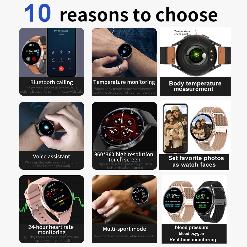 New Body Temperature Smartwatch Men Women AMOLED Full Touch Bluetooth Call Smart Watch Women IP67 Waterproof Fitness Watches Men