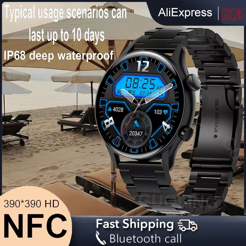 

2022 New NFC Bluetooth Calling Smart Watch Men Music Control Password Unlock Screen Custom Dial Smartwatch Women 390*390HD+BOX