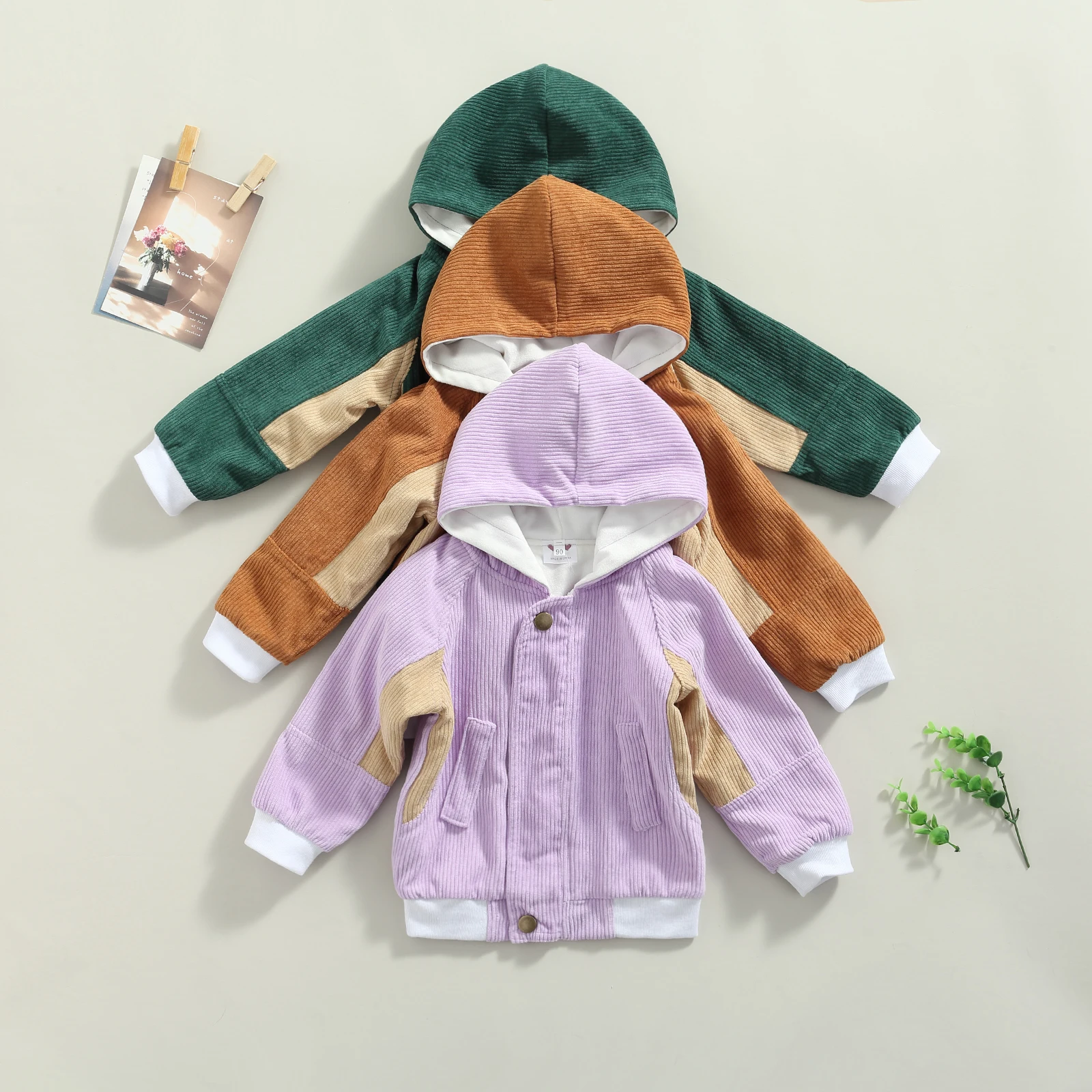 

1-6 Years Hooded Outerwear Coats Toddler Baby Corduroy Jacket, Fashion Long Sleeve Color Block Zip Up Hoodie Coat