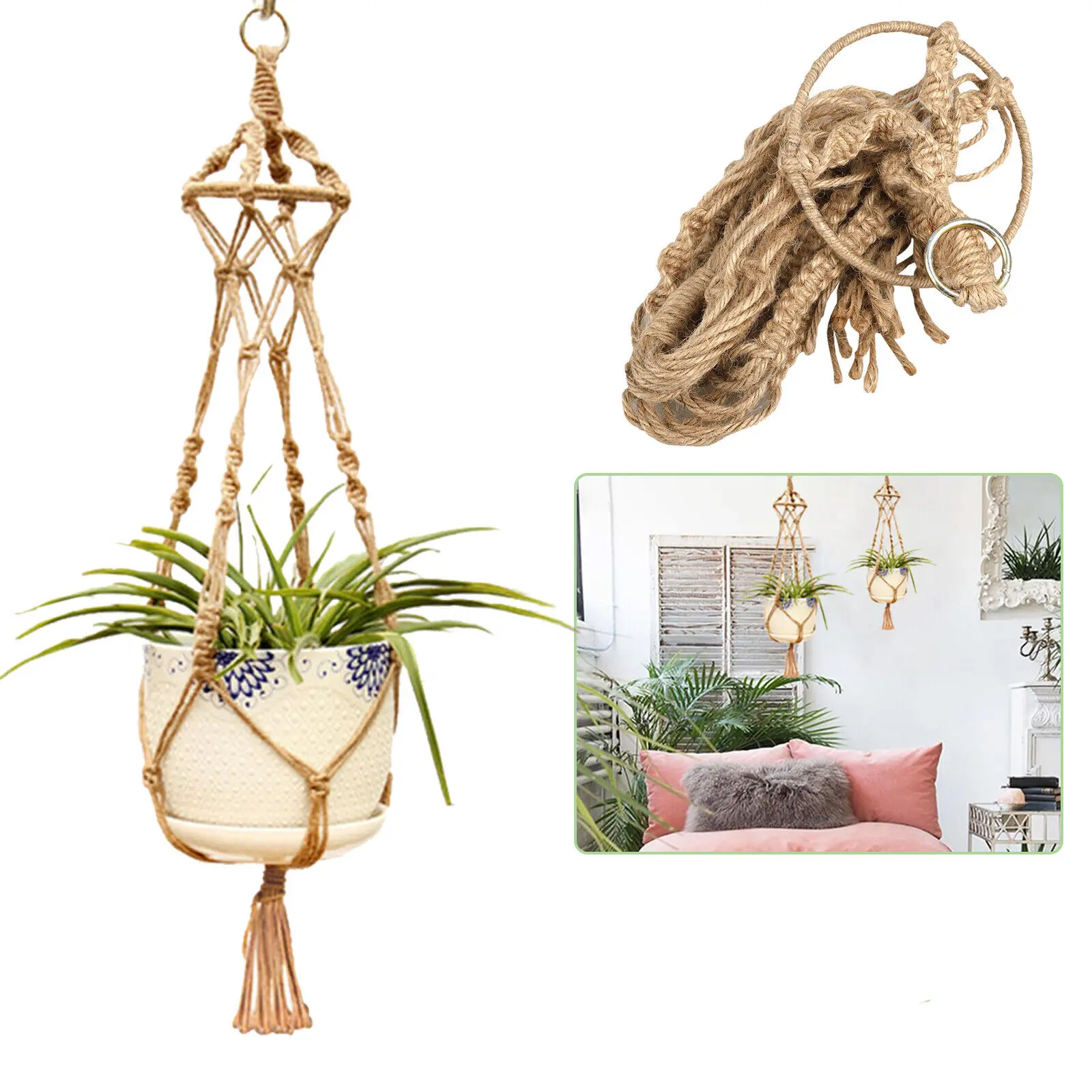 

Vintage Macrame Plant Hanger Flower Pot Garden Holder Legs Hanging Rope Basket