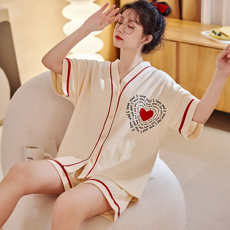 Pajamas Ladies Summer 6535 Cotton Can Wear Out Short Sleeve Cardigan V-Neck Shorts Cartoon Cute Girl Casual Suit Homewear