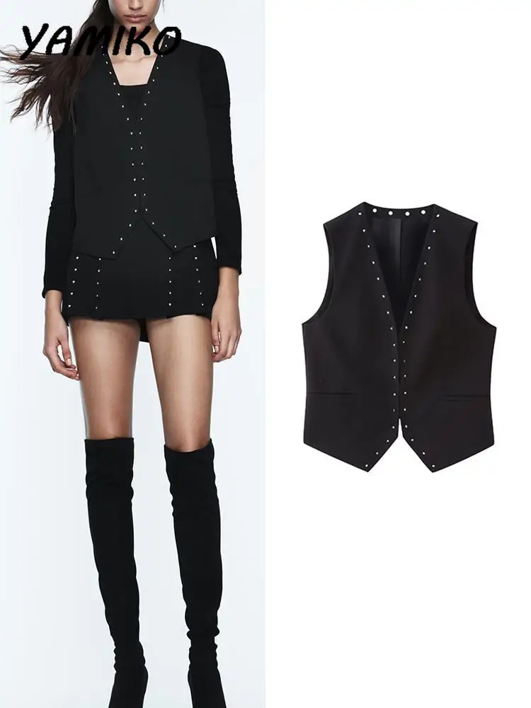 

Женский декорированный заклепками жилет с V-образным вырезом без рукавов облегающий Однотонный женский жилет уличная мода куртки 2024 весенняя одежда