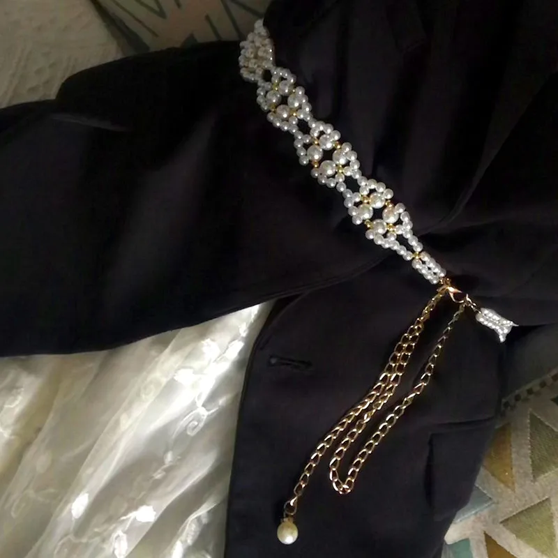 Metal Splicing Pearl Beaded Waist Chain Woman Belts for Dress Accessories Tassel Luxury Designer Corset Body Wide Waistband