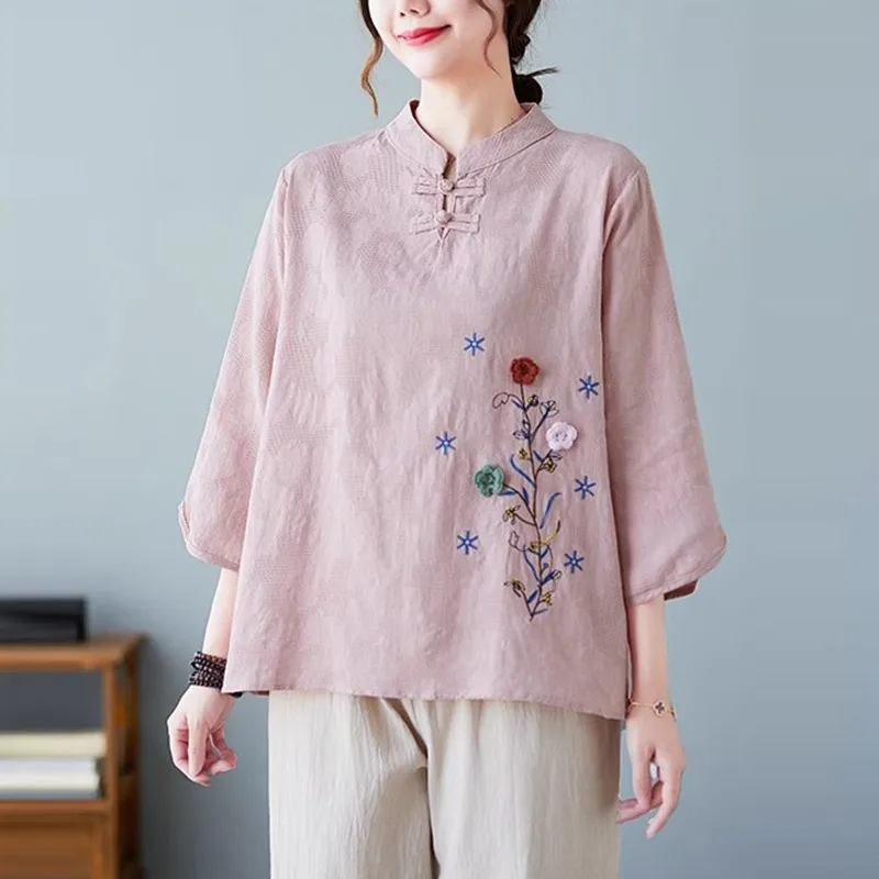 Женская футболка с цветочной вышивкой Повседневная Свободная в китайском стиле