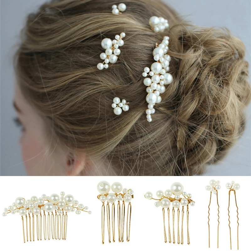 

5Pcs/Set Pearls Wedding Hair Comb Women Pearl Bridal Hairpins Bride Hair Ornaments Jewelry Handmade Headpieces Hair Accessories