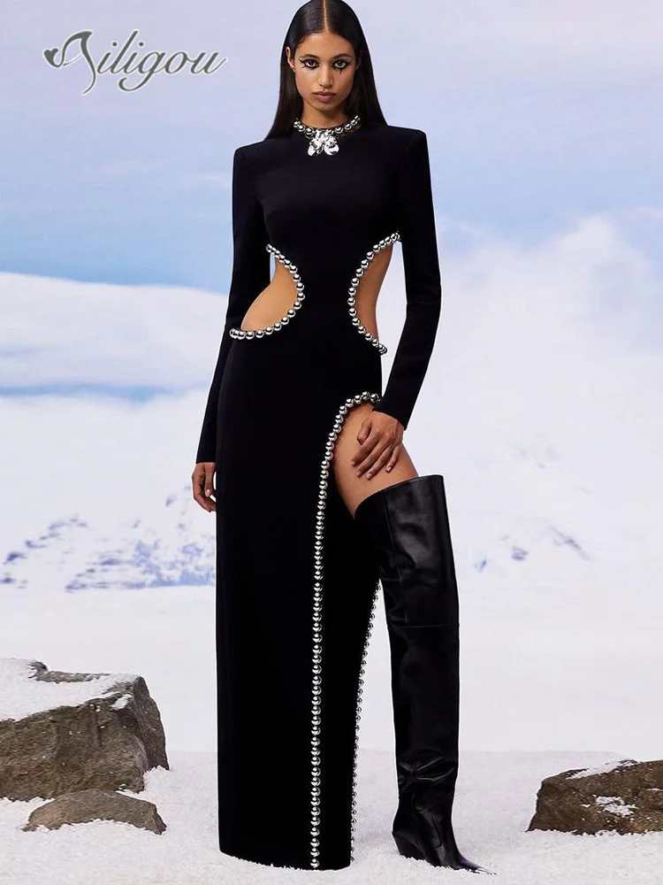 

Ailigou 2022 Fall Winter New Style Women's Sexy O Neck Cutout Black Beaded Long Bodyband Dress Elegant Celebrity Party Dress