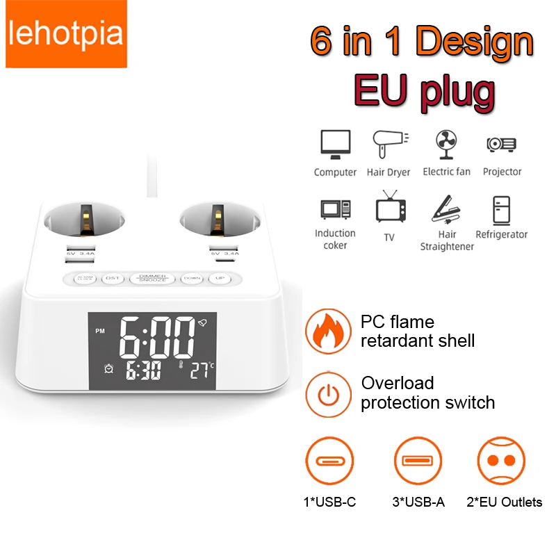 

EU Plug Network Filter Power Strip With Extension Cord USB Type C Ports Electrical Socket Smart Home Overload Protection Charger