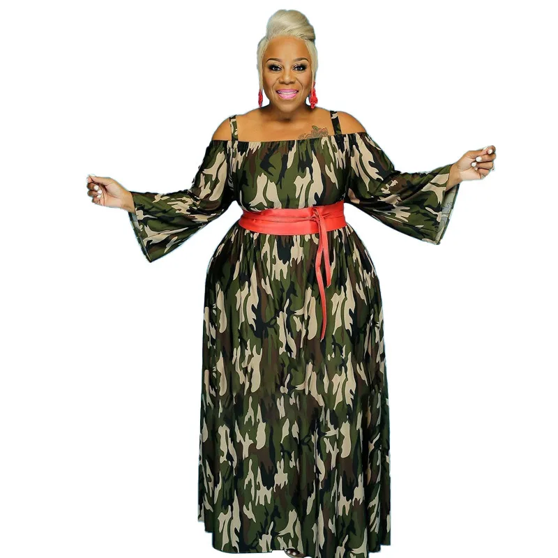 Plus Size Women's Dress Dot Camouflage Print Strap Off Shoulder Loose Casual Temperament Commuter Autumn and Winter 2022 New